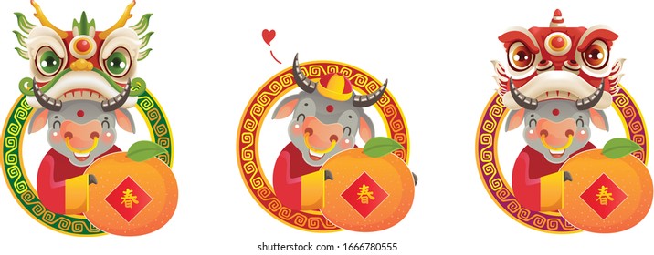 Happy chinese new year 2021. Greeting card and cartoon characters. The year of ox. Happy cow In circle. Three types were holding the mandarin orange wishing you. Chinese translation, happiness.