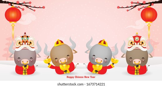 Happy Chinese new year 2021 greeting card. group of Little cow holding Chinese gold, year of the ox zodiac Cartoon isolated vector illustration, Translation: Greetings of the New Year.