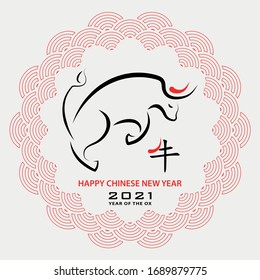 Feliz año nuevo chino 2021 Signo zodiaco, año del buey, con papel rojo corte arte y estilo artesanal sobre fondo blanco con marco rojo (traducción china: feliz año nuevo 2021, año del buey)