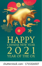 Happy Chinese new Year 2021! The year of the metal ox. (Chinese traditional text means: year of the ox). Holiday greetings with realistic 3D metal golden ox character.