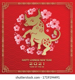 Happy chinese new year 2021 Ox Zodiac sign, with gold paper cut art and craft style on color background for greeting card, flyers, poster (Chinese Translation : happy new year 2021, year of ox)