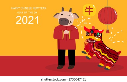 Happy Chinese New Year 2021. Year of the ox. Holiday background with animal character and lion dance. Translation: ox