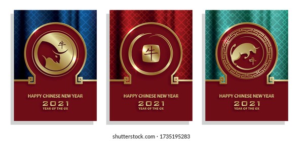 Happy chinese new year 2021 Ox Zodiac sign, with gold paper cut art and craft style on color background for greeting card, flyers, poster (Chinese Translation : happy new year 2021, year of ox)