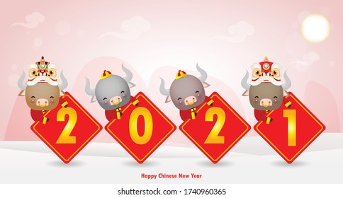 Happy Chinese new year 2021 of the ox zodiac poster design with Cute little cow holding a sign golden, the year of the ox greeting card holidays isolated on red Background, Translation: Happy New Year