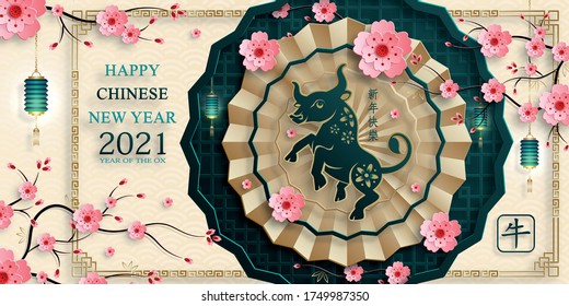 Happy chinese new year 2021 Ox Zodiac sign, with gold paper cut art and craft style on color background for greeting card, flyers, poster (Chinese Translation : happy new year 2021, year of ox)