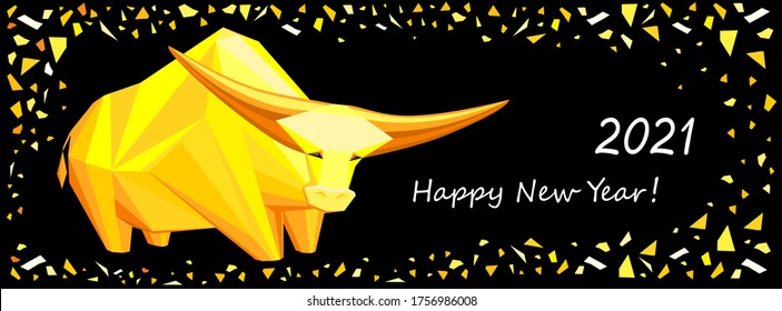 Happy chinese new year 2021. Greeting card. Celebration black background with gold Ox and place for your text. Winter holiday. Art design celebrate party invitation template. Vector illustration