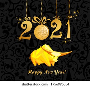 Happy chinese new year 2021.  Celebration black background with gold ox, gold Christmas ball and place for your text. Winter holiday. Art design celebrate party invitation template. Vector