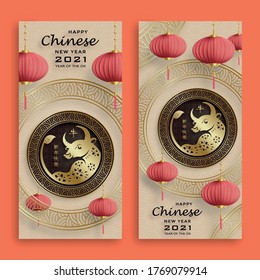 Feliz año nuevo chino 2021 Ox Zodiac, con arte de corte de papel dorado y estilo artesanal sobre fondo de color para tarjeta de saludo, volantes, afiche (traducción china: feliz año nuevo 2021, año del buey)