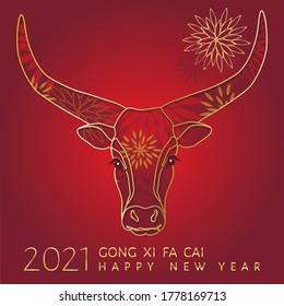 Happy chinese new year 2021, Gong xi fa cai! Gold siluette ox head zodiac sign at red blossom peony, firecrackers textured background. Flat vector design for web banner, greeting card, calendar, cover