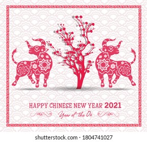 Happy chinese new year 2021 with cherry blossom flower year of the Ox