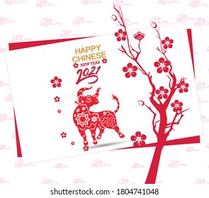 Happy chinese new year 2021 with cherry blossom flower year of the Ox