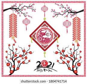 Happy chinese new year 2021 with cherry blossom flower year of the Ox