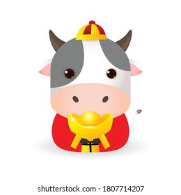 Happy Chinese new year 2021, Little ox holding Chinese gold, the year of the ox zodiac, cute cow Cartoon vector illustration isolated on white background.
