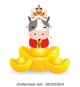 Happy Chinese new year 2021, cute Little cow with Lion Dance Head holding Chinese gold, the year of the ox zodiac, Cartoon vector illustration isolated on white background.
