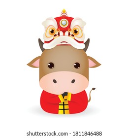 Happy Chinese new year 2021 year of the ox zodiac, cute Little cow with Lion Dance Head, Cartoon vector illustration isolated on white background.