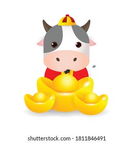 Happy Chinese new year 2021, cute Little cow holding Chinese gold, the year of the ox zodiac, Cartoon vector illustration isolated on white background.