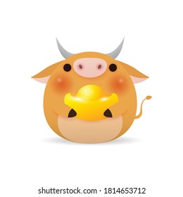 Happy Chinese new year 2021, cute Little cow holding Chinese gold, the year of the ox zodiac, Cartoon vector illustration isolated on white background.