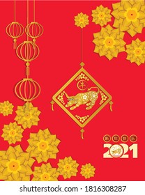 Happy chinese new year 2021 with cherry blossom flower year of the Ox. (Chinese translation : Happy new year)