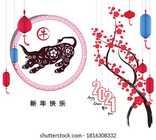 Happy chinese new year 2021 with cherry blossom flower year of the Ox. (Chinese translation : Happy new year)