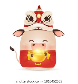 Happy Chinese New Year 2021. Cartoon Little Ox character design with dragon dance head, traditional Chinese red costume, holding chinese gold ingot isolated. The year of the bull. Zodiac of the ox.
