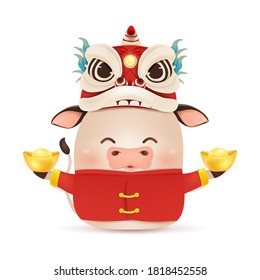 Happy Chinese New Year 2021. Cartoon Little Ox character design with dragon dance head, traditional Chinese red costume, holding chinese gold ingot isolated. The year of the bull. Zodiac of the ox.
