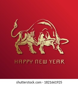 Happy Chinese New Year 2021 Illustration, Emblem or Greeting Card Template. Hand Drawn Golden Bull or Ox Zodiac Sign with Typography on Red Background. Holiday Symbol. Isolated.