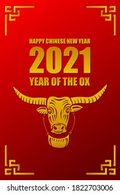 Happy chinese new year 2021 with gold head bull ox zodiac sign on red  background vector design