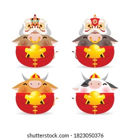 Happy Chinese new year 2021, Set of cute little ox, the year of the ox zodiac, Cartoon cute cow isolated on white background Vector illustration
