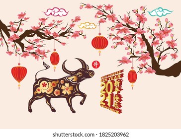 
Happy Chinese new year 2021, year of the rat with cute cartoon Ox (Chinese translation Happy chinese new year 2021, year of ox)