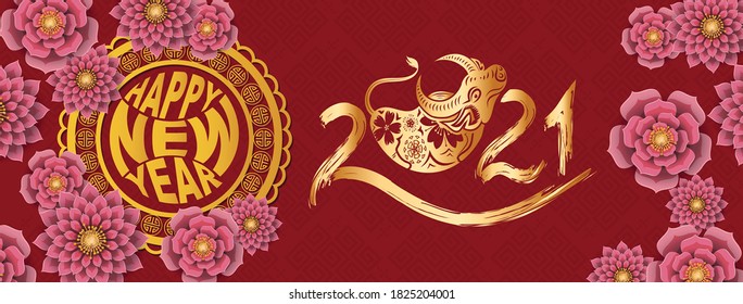 
Happy Chinese New Year 2021 year of the Ox paper cut style. Chinese characters mean Happy New Year, wealthy, Zodiac sign for greetings card, flyers, invitation, posters, brochure, banners, calendar