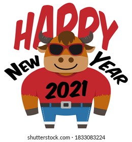 Happy Chinese New Year 2021 illustration,bull cartoon character