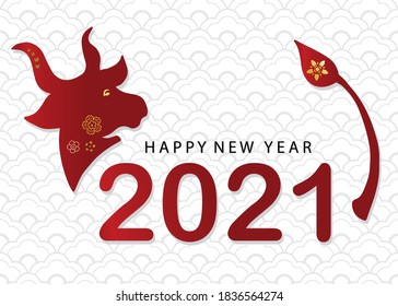 Happy Chinese new year 2021 greeting with flower,ox in paper cut art and craft style