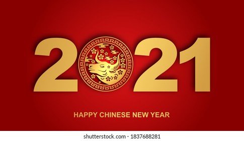 happy chinese new year 2021 ox year, greeting card for lucky and fortune with red and gold color