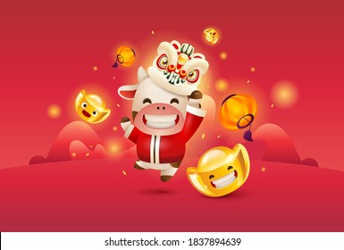 Happy Chinese New Year 2021 the year of the ox. Cheerful ox in Tang suit with lantern and red Chinese New Year Backgrounds. 