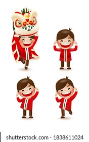 Happy Chinese New Year 2021 year of the ox. Boy and lion dance.