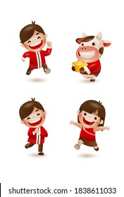 Happy Chinese New Year 2021 year of the ox. Boy, girl and ox with gold ingot 2. 