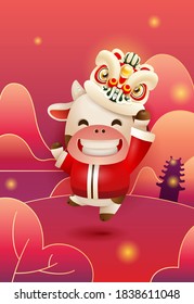 Happy Chinese New Year 2021 the year of the ox. A cute ox with lion dance.