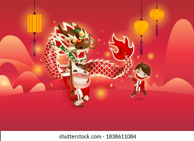 Happy Chinese New Year 2021 the year of the ox. Cute ox performing dragon dance with a boy and red festive Backgrounds.	