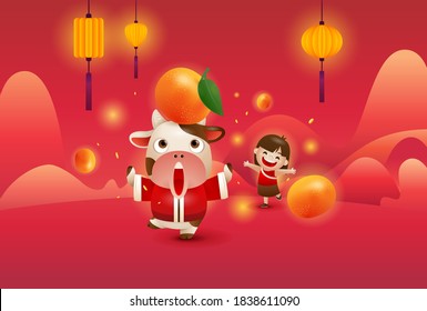 Happy Chinese New Year 2021 the year of the ox. Cute ox and young girl with lanterns and red festive Backgrounds.