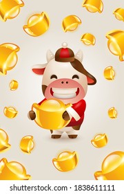 Happy Chinese New Year 2021 the year of the ox. Cute ox holding gold ingot with a background of tons of gold ingots.