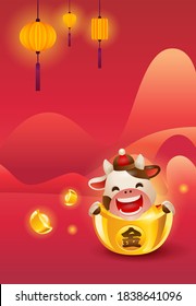 Happy Chinese New Year 2021 the year of the ox. A cute red ox with gold ingot wishing you a prosperous and golden new year. Translation: gold