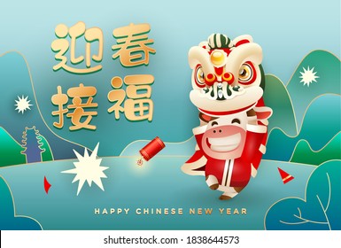 Happy Chinese New Year 2021 the year of the ox. Cute ox performing lion dance with firecrackers and greenery backgrounds. Translation: may the New Year bring you good fortune