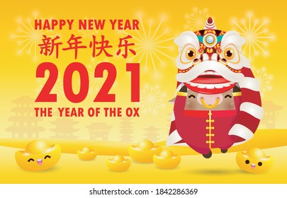 Happy Chinese new year 2021 the ox zodiac poster design with cute little cow firecracker and lion dance, the year of the ox greeting card red color isolated on Background, Translation: Happy New Year