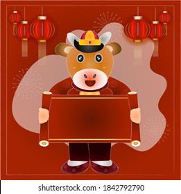 Happy Chinese New Year 2021. A cow holding a curtain of congratulations to Fat Choi. Translation: Cow Happy New Year