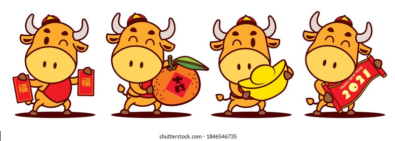 Feliz Año Nuevo Chino 2021. Juego de caricaturas lindo Ox con el paquete rojo, naranja mandarino, con el auricular y la copla de pergamino. El año del Ox. Traducción: afortunado - vector de arte plano