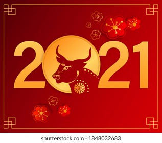 Happy chinese new year 2021 Ox Zodiac sign, with gold paper cut art and craft style on color background for greeting card, flyers, poster. Vector illustration