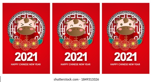 Feliz año nuevo chino 2021 tarjetas de felicitación , año del buey.