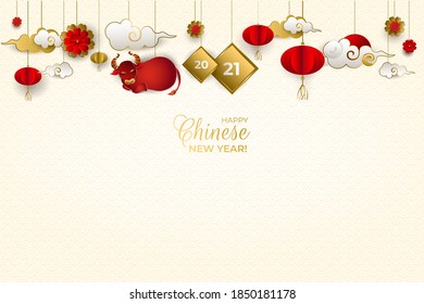 Happy Chinese New Year 2021 of ox. Banner with hanging red bull, gold clouds, lanterns, flowers on light background. Asian patterns. For poster, greeting card. Paper style. Vector illustration.