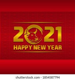 Happy chinese new year 2021 with gold head ox zodiac sign on red chinese culture texture background vector design