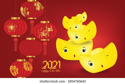 Happy Chinese New Year 2021 Background with chinese gold ingots and Lanterns